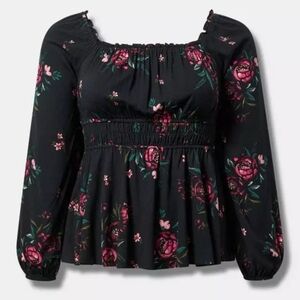 Torrid Tally Floral Black Rayon Slub Waist Detail Blouson Sleeve Top
